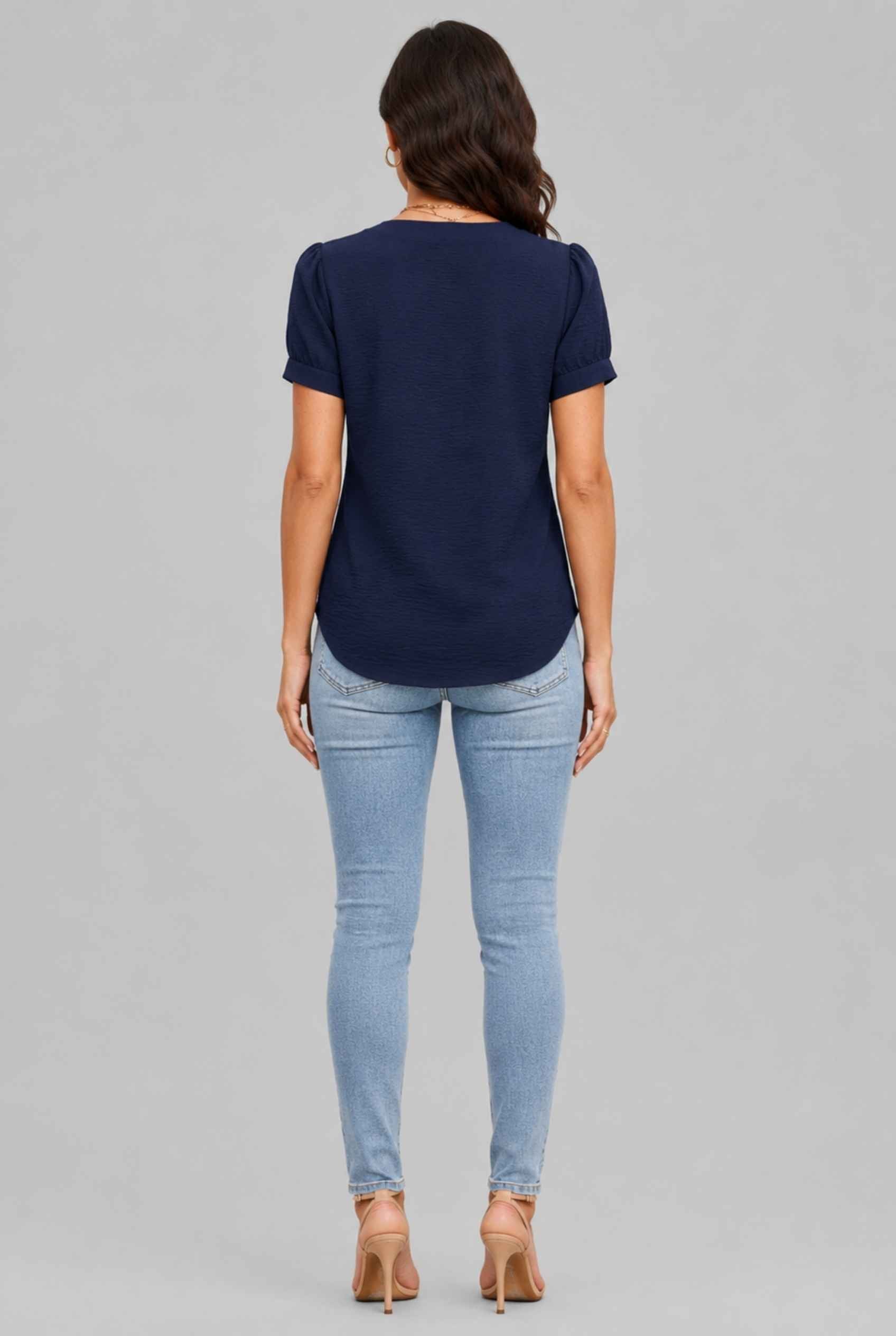 Virtual Model wearing The Lillian Bow Blouse Puff Sleeve Navy Crepe Top