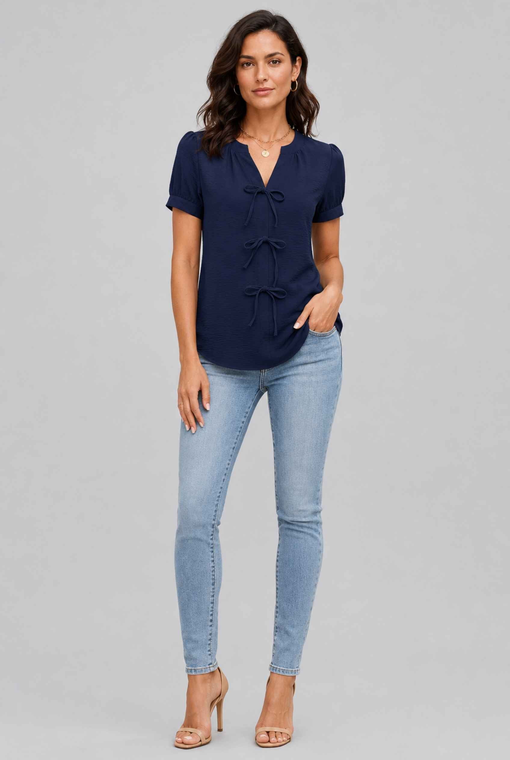 Virtual Model wearing The Lillian Bow Blouse Puff Sleeve Navy Crepe Top
