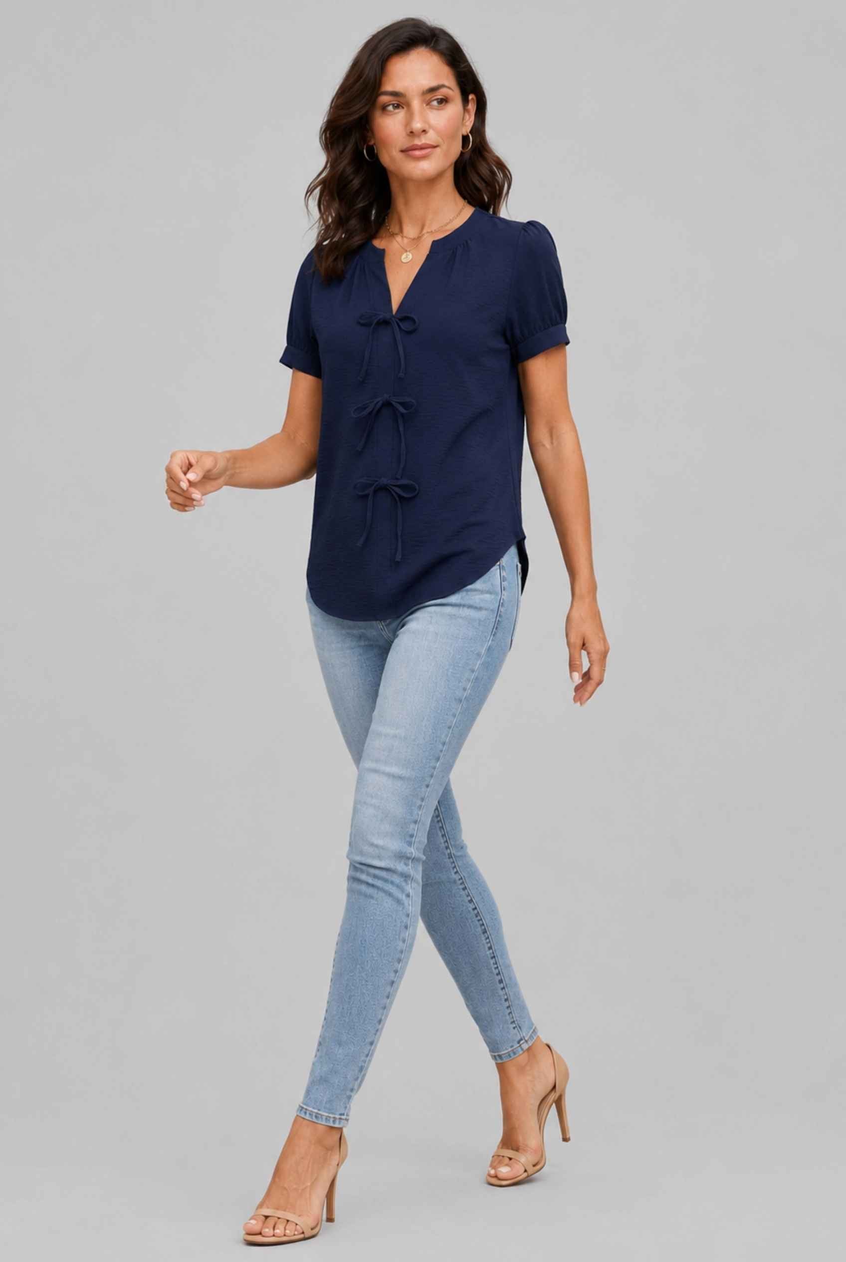 Virtual Model wearing The Lillian Bow Blouse Puff Sleeve Navy Crepe Top