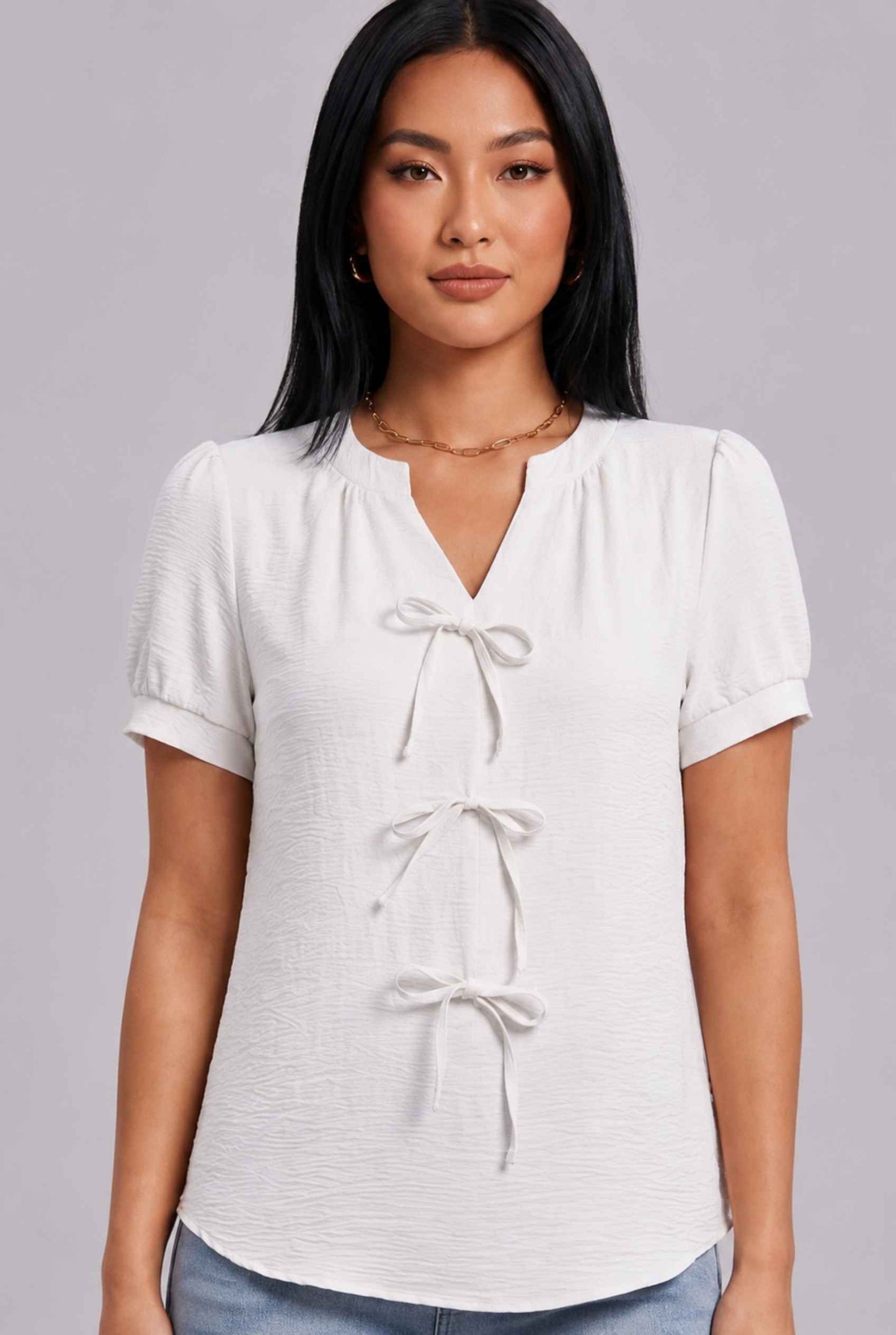 Virtual Model wearing The Lillian Bow Blouse Puff Sleeve Off White Crepe Top