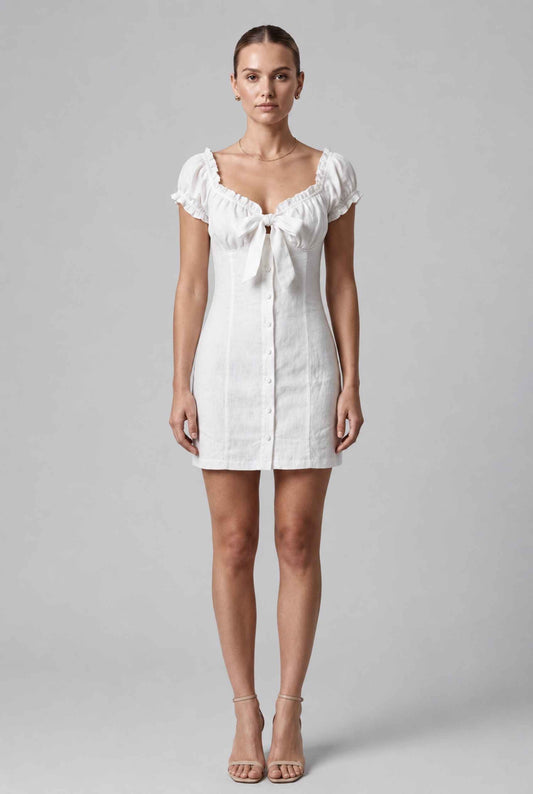 Virtual model wearing The Lily Buttoned Mini Milkmaid Puff Sleeve Mini Dress in White