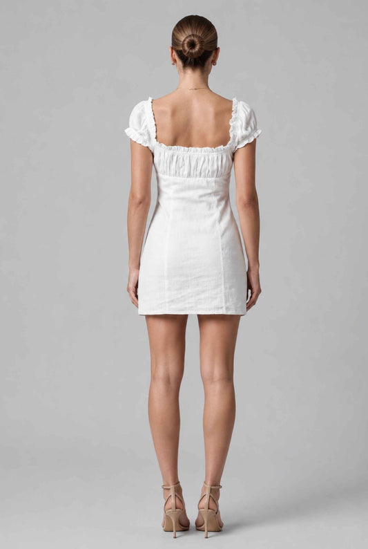 Virtual model wearing The Lily Buttoned Mini Milkmaid Puff Sleeve Mini Dress in White