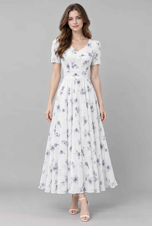 Virtual model wearing The Linnea Floral Chiffon Dress White Floral Chiffon Maxi Dress