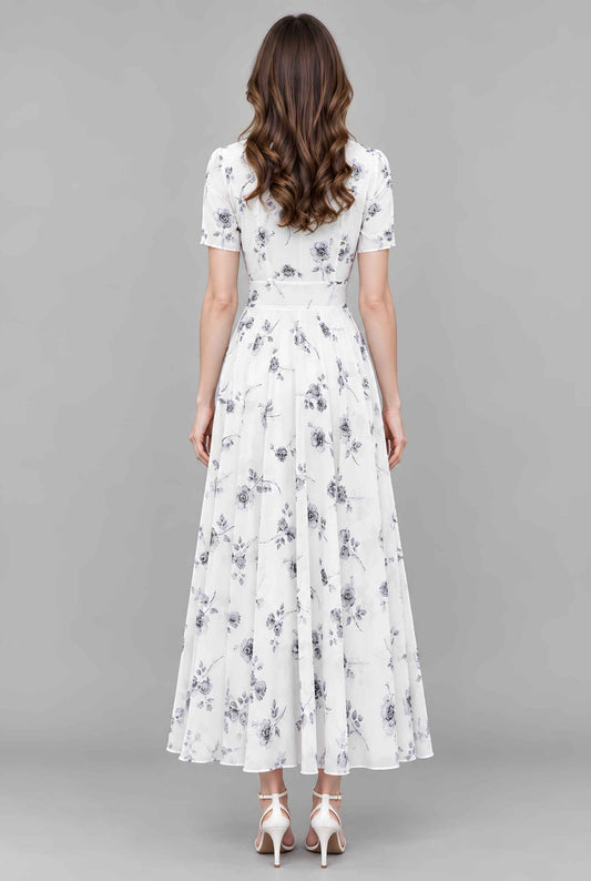 Virtual model wearing The Linnea Floral Chiffon Dress White Floral Chiffon Maxi Dress