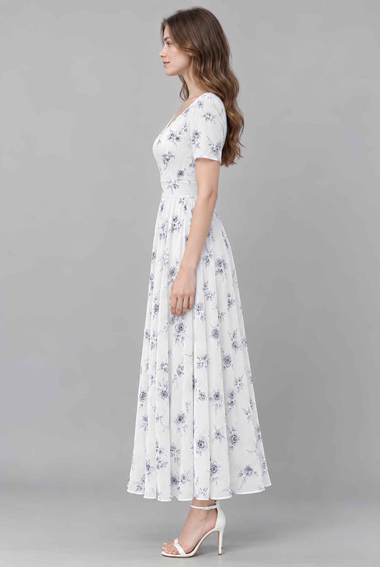 Virtual model wearing The Linnea Floral Chiffon Dress White Floral Chiffon Maxi Dress