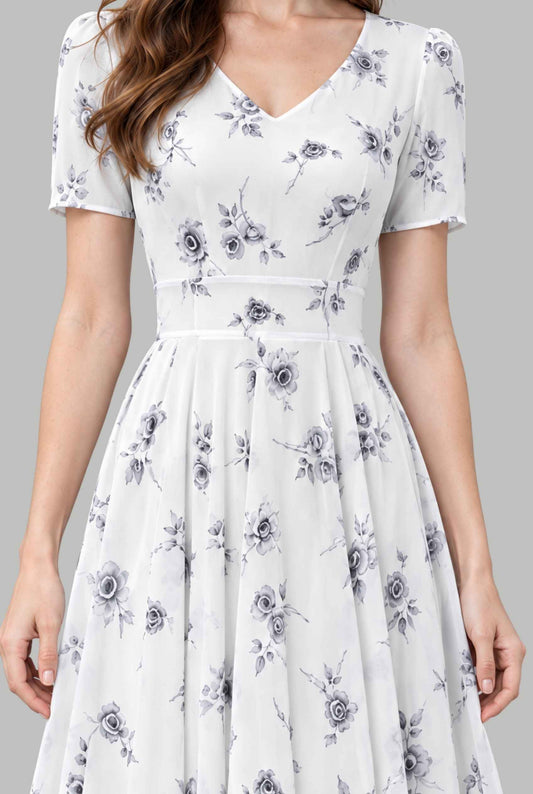 Virtual model wearing The Linnea Floral Chiffon Dress White Floral Chiffon Maxi Dress