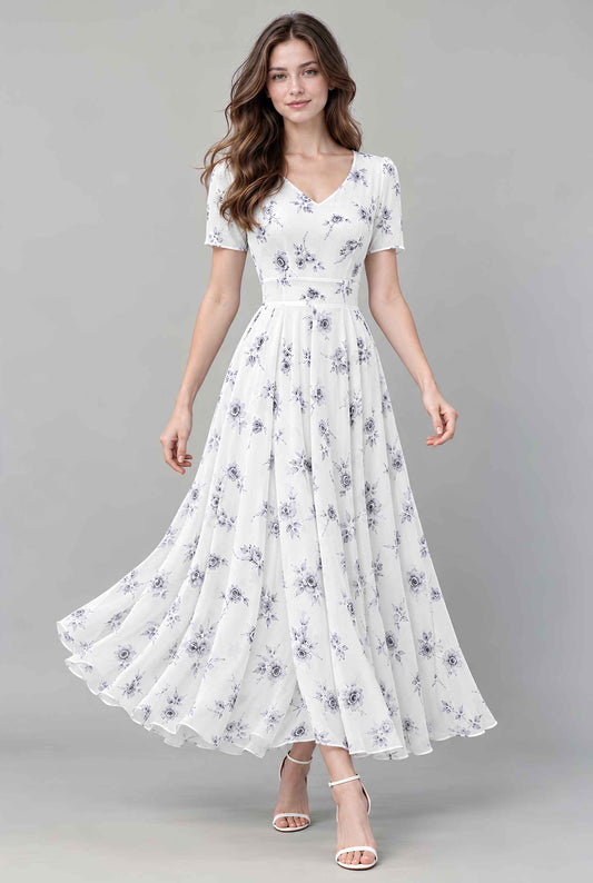 Virtual model wearing The Linnea Floral Chiffon Dress White Floral Chiffon Maxi Dress