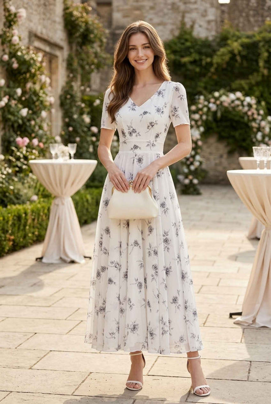 Virtual model wearing The Linnea Floral Chiffon Dress White Floral Chiffon Maxi Dress