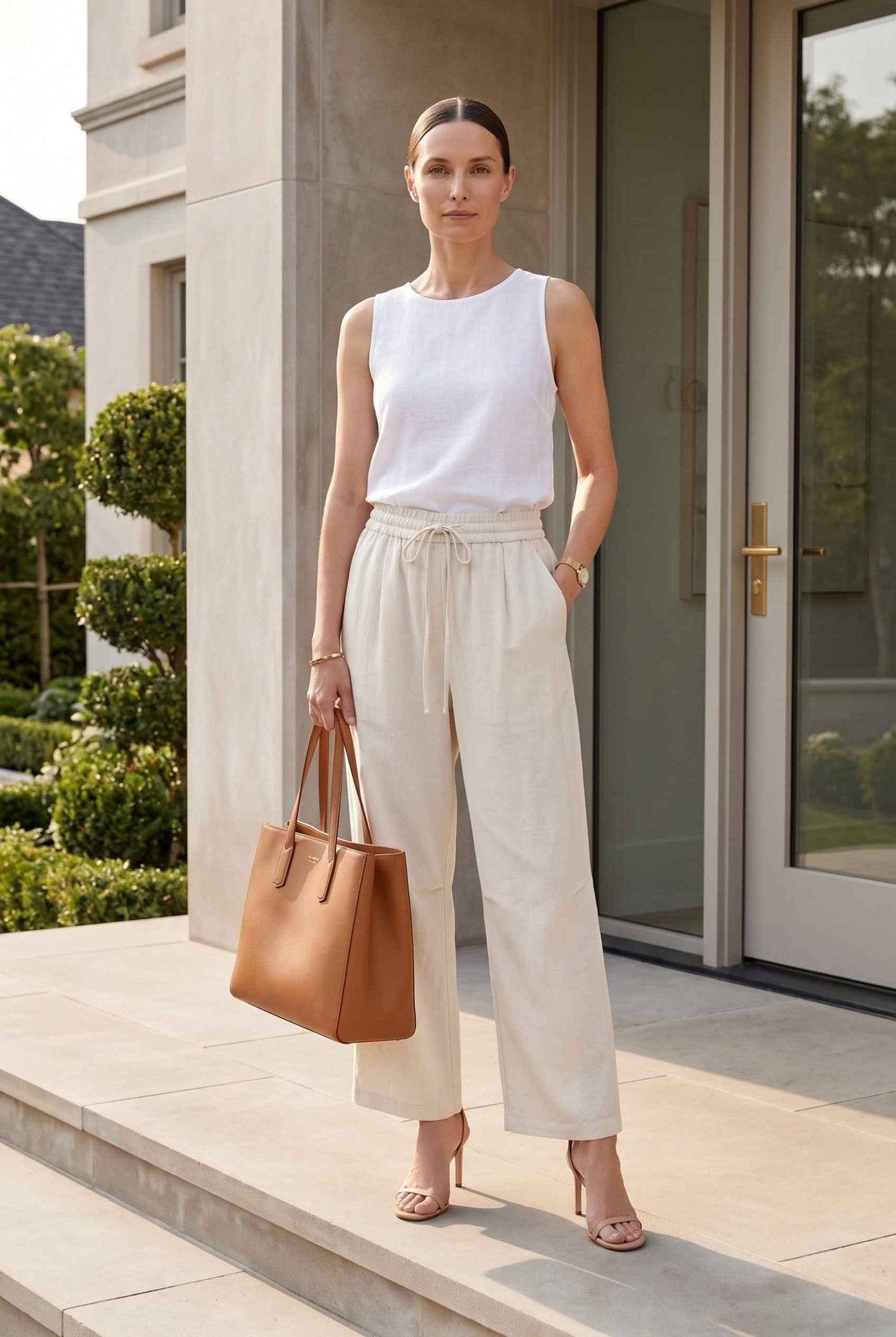 Virtual Model wearing The Luca Linen-Blend Pant Lyocell Drawstring Beige Wide Leg Pant