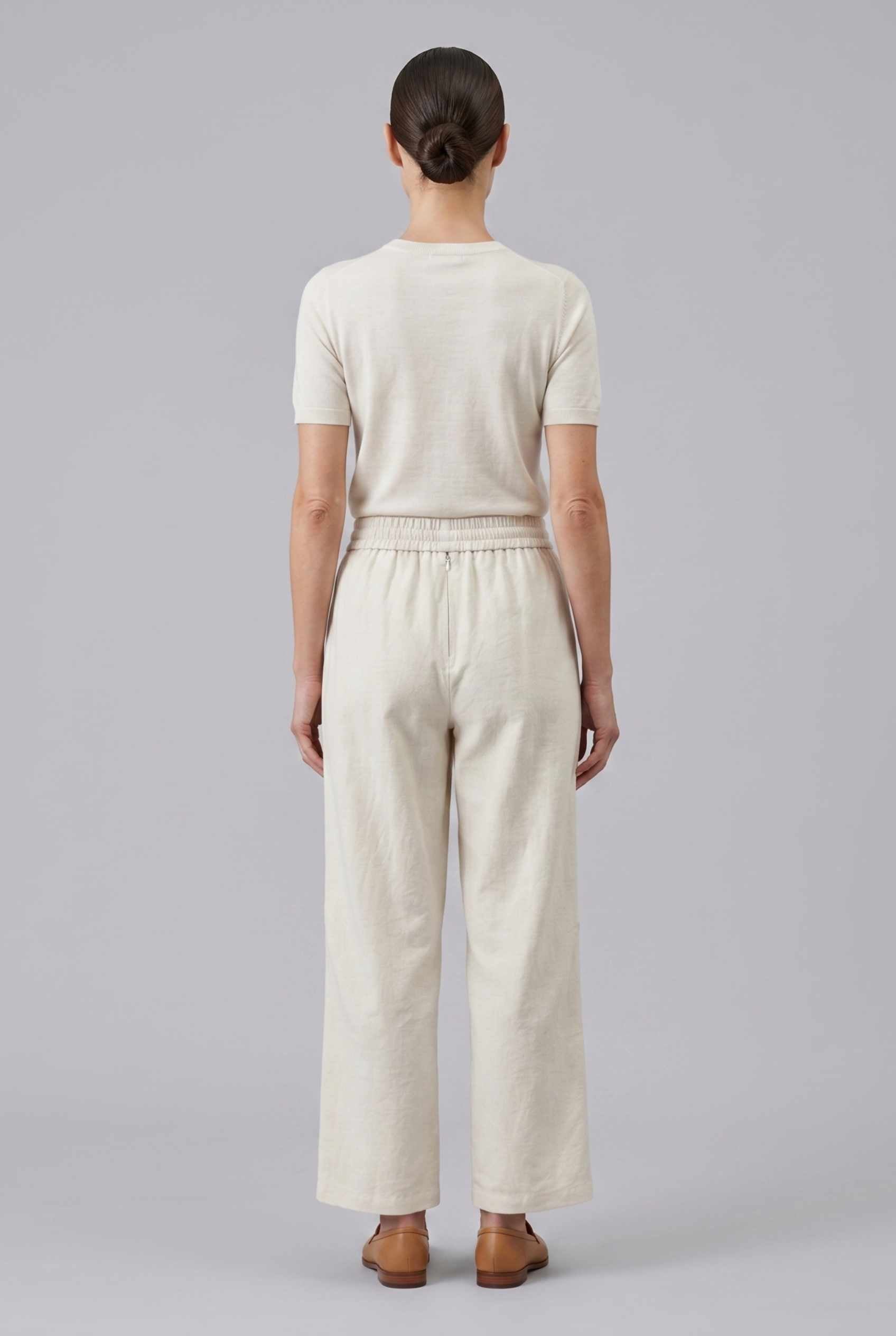 Virtual Model wearing The Luca Linen-Blend Pant Lyocell Drawstring Beige Wide Leg Pant