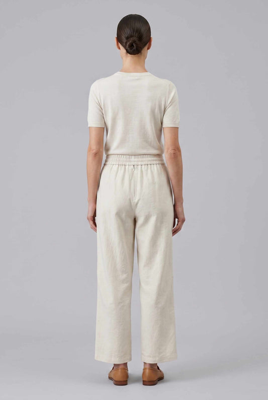 Virtual Model wearing The Luca Linen-Blend Pant Lyocell Drawstring Beige Wide Leg Pant