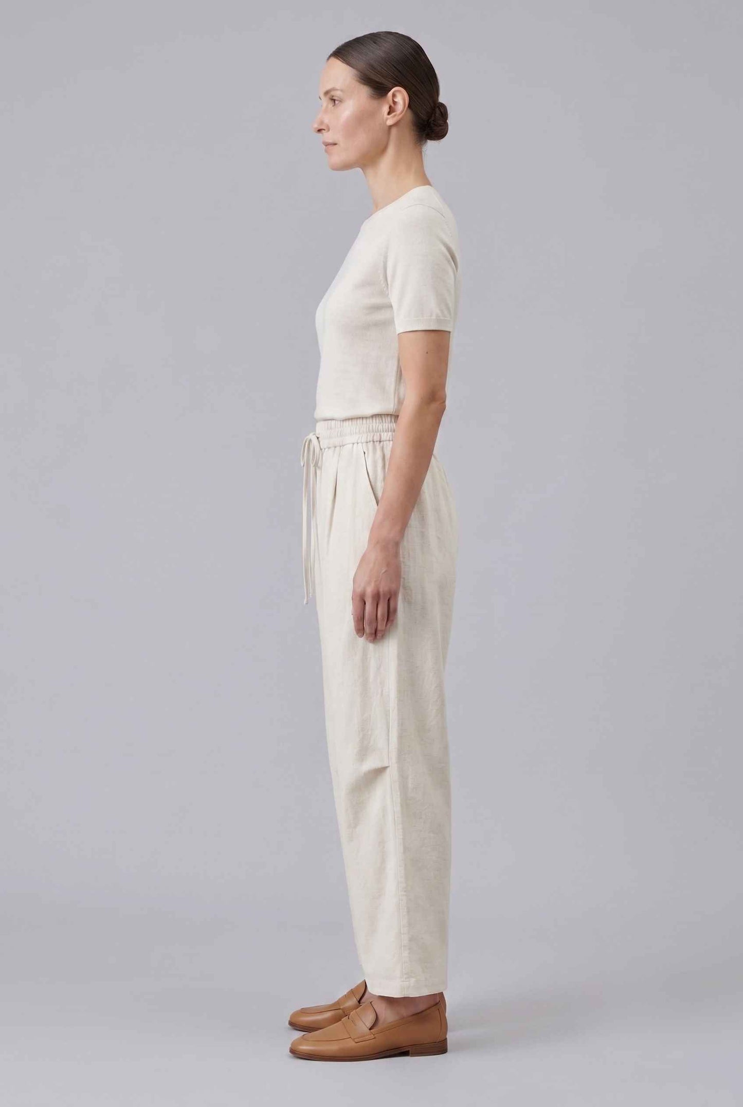 Virtual Model wearing The Luca Linen-Blend Pant Lyocell Drawstring Beige Wide Leg Pant