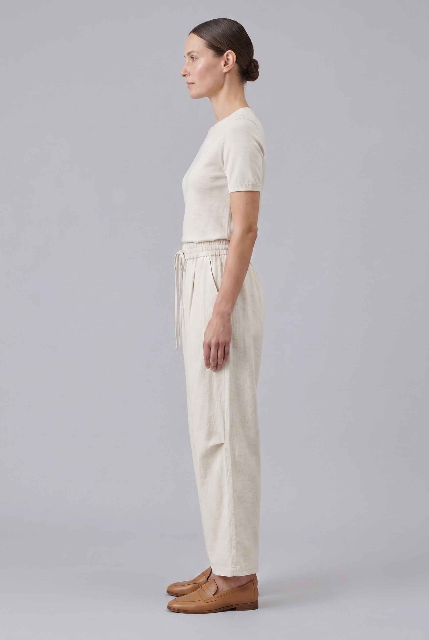 Virtual Model wearing The Luca Linen-Blend Pant Lyocell Drawstring Beige Wide Leg Pant