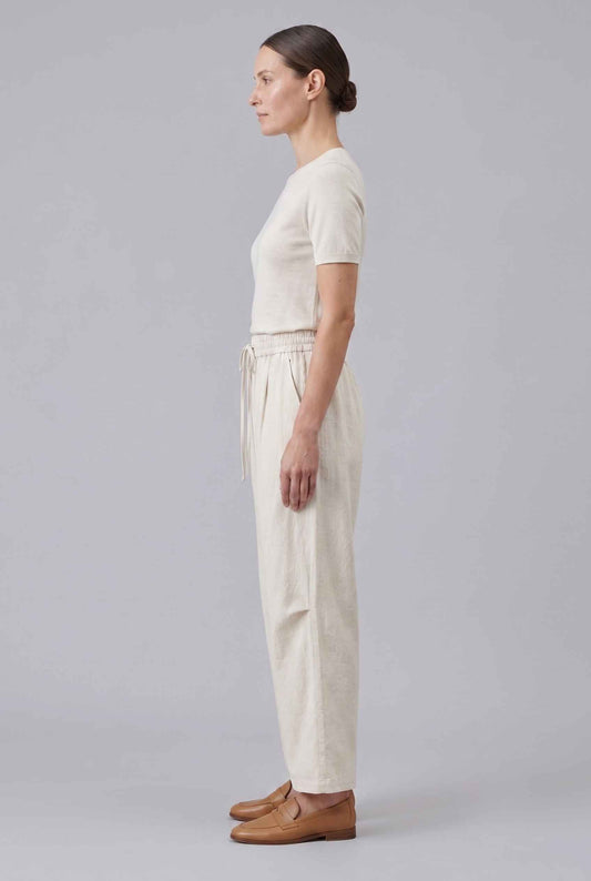 Virtual Model wearing The Luca Linen-Blend Pant Lyocell Drawstring Beige Wide Leg Pant