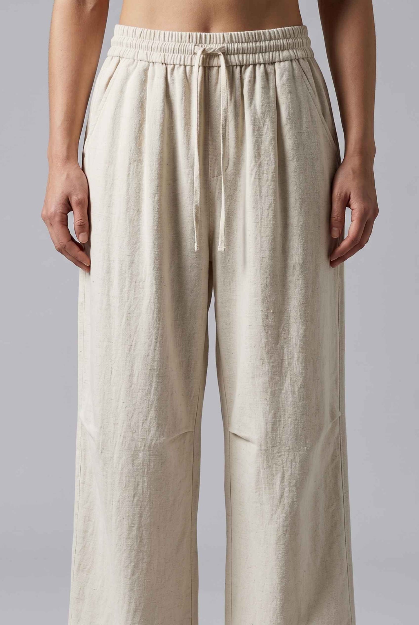 Virtual Model wearing The Luca Linen-Blend Pant Lyocell Drawstring Beige Wide Leg Pant