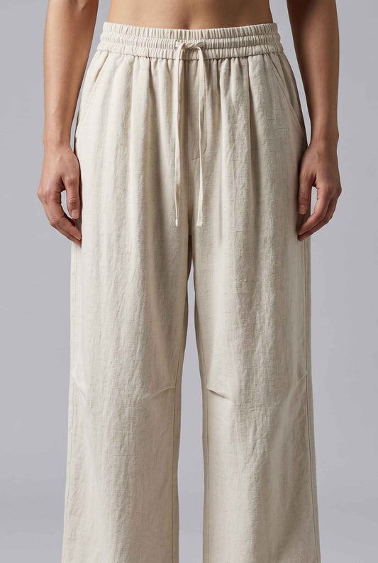 Virtual Model wearing The Luca Linen-Blend Pant Lyocell Drawstring Beige Wide Leg Pant