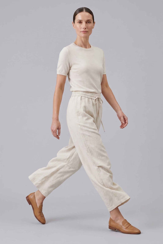 Virtual Model wearing The Luca Linen-Blend Pant Lyocell Drawstring Beige Wide Leg Pant