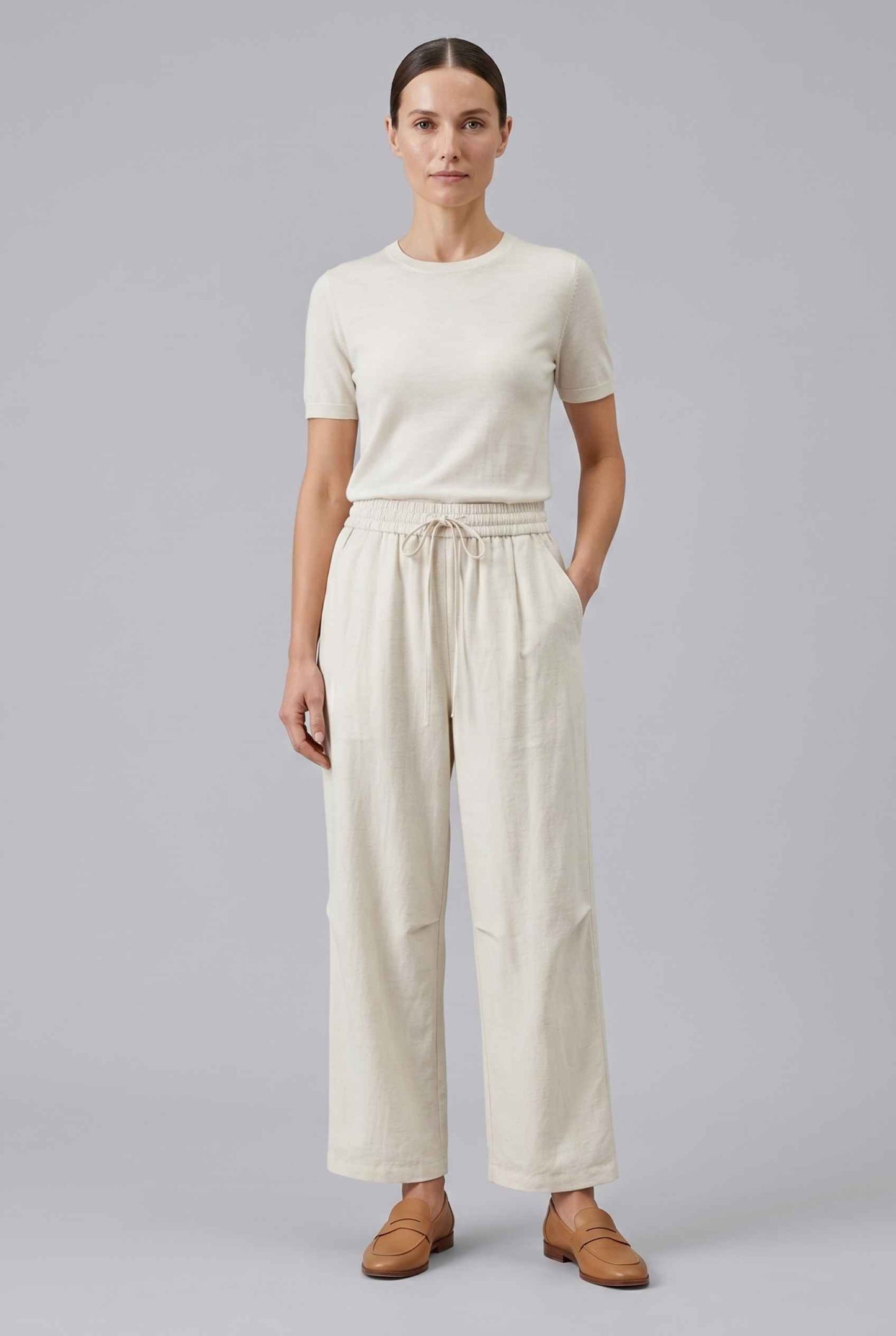 Virtual Model wearing The Luca Linen-Blend Pant Lyocell Drawstring Beige Wide Leg Pant
