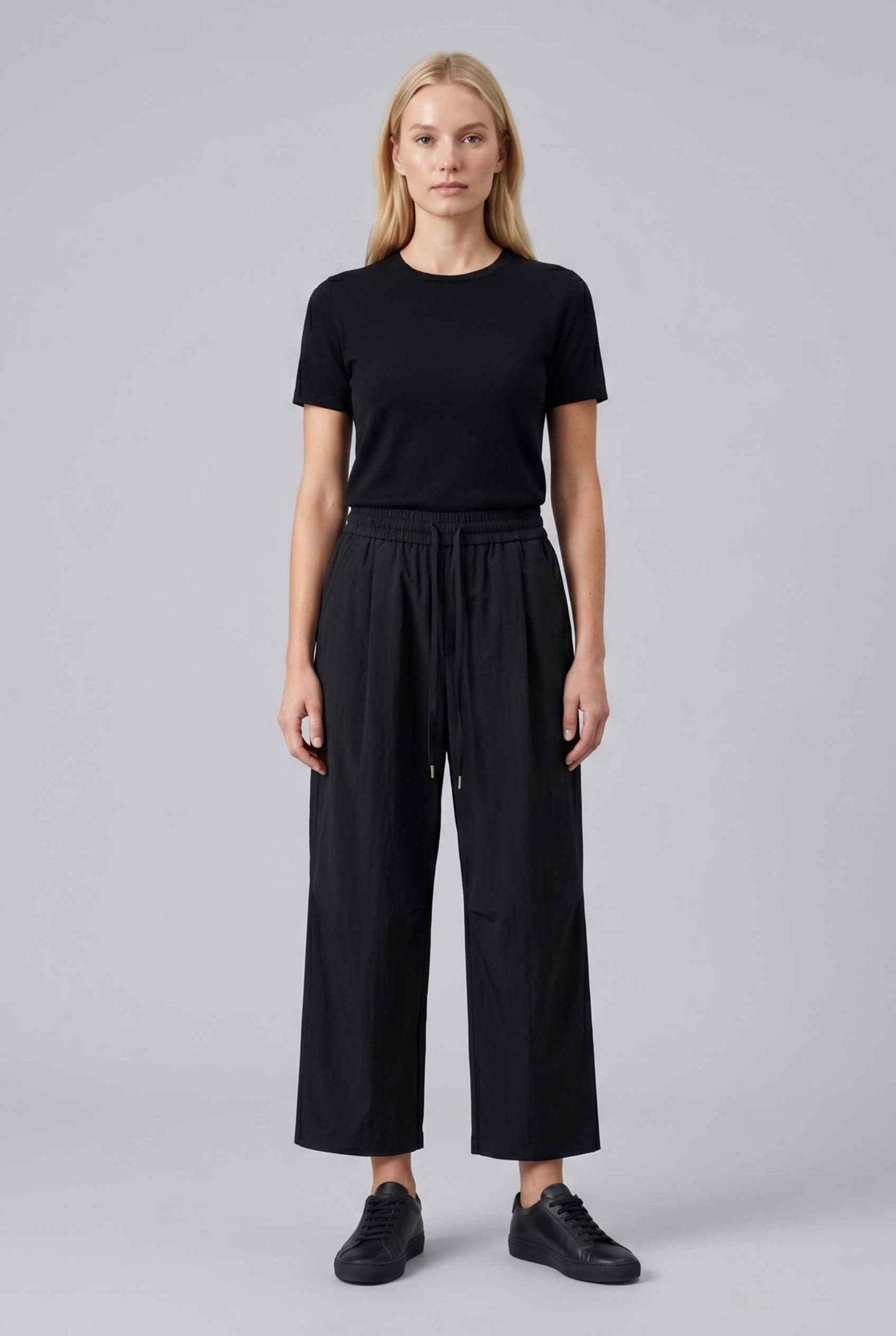 Virtual Model wearing The Luca Linen-Blend Pant Lyocell Drawstring Black Wide Leg Pant