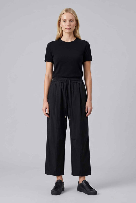 Virtual Model wearing The Luca Linen-Blend Pant Lyocell Drawstring Black Wide Leg Pant