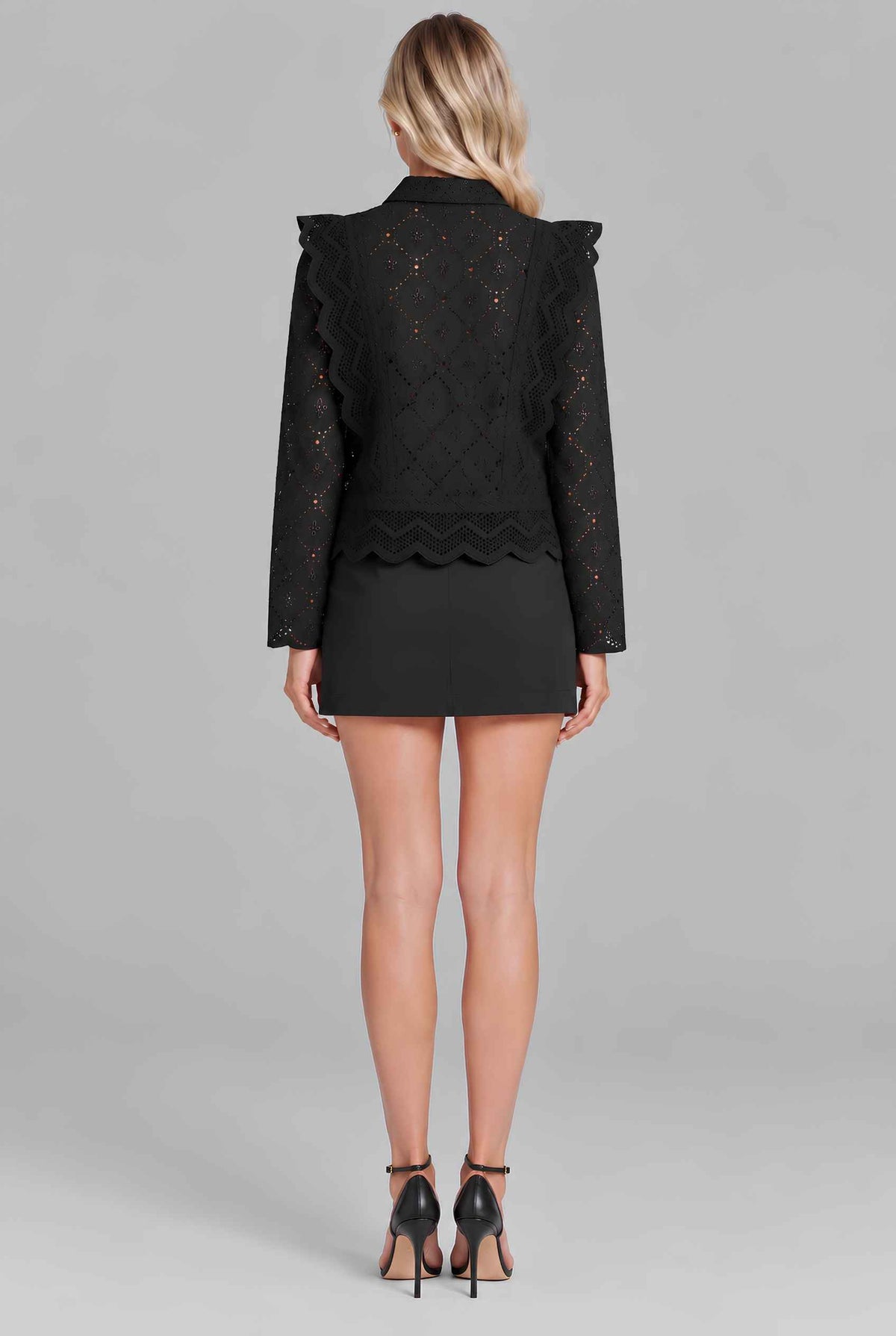 Virtual model wearing The Lucia Eyelet Lace Blouse Eyelet Lace Button-Up Blouse in Black