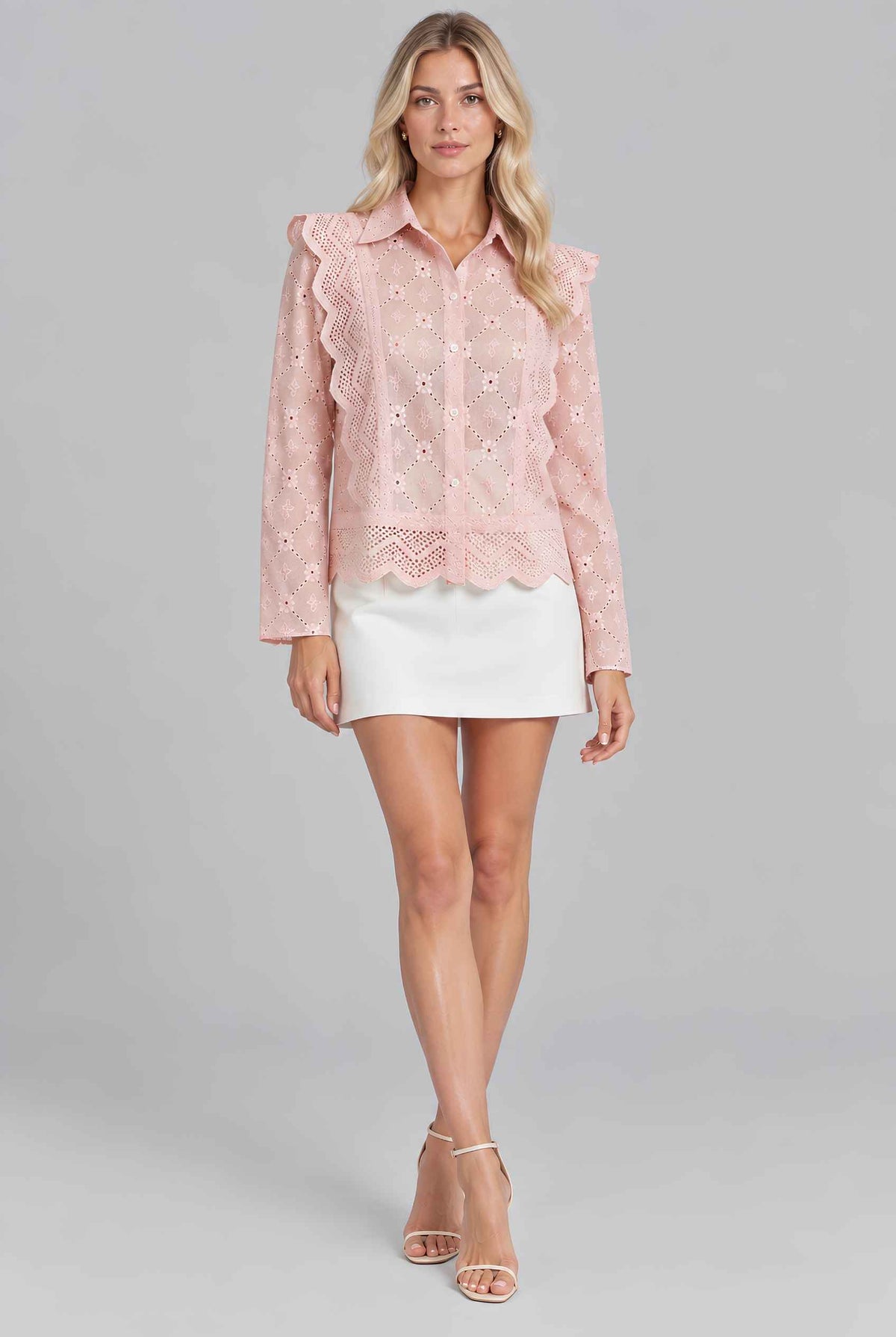Virtual model wearing The Lucia Eyelet Lace Blouse Eyelet Lace Button-Up Blouse in Blush