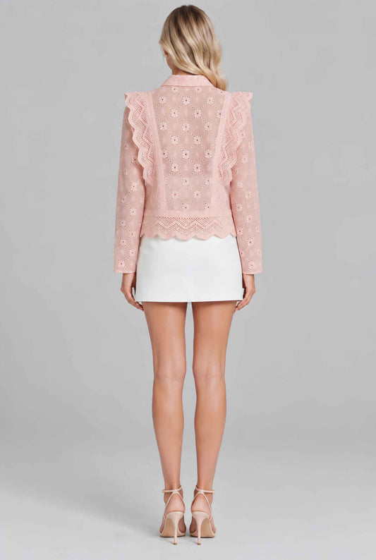 Virtual model wearing The Lucia Eyelet Lace Blouse Eyelet Lace Button-Up Blouse in Blush