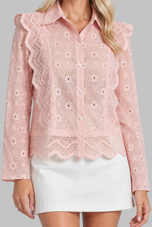 Virtual model wearing The Lucia Eyelet Lace Blouse Eyelet Lace Button-Up Blouse in Blush