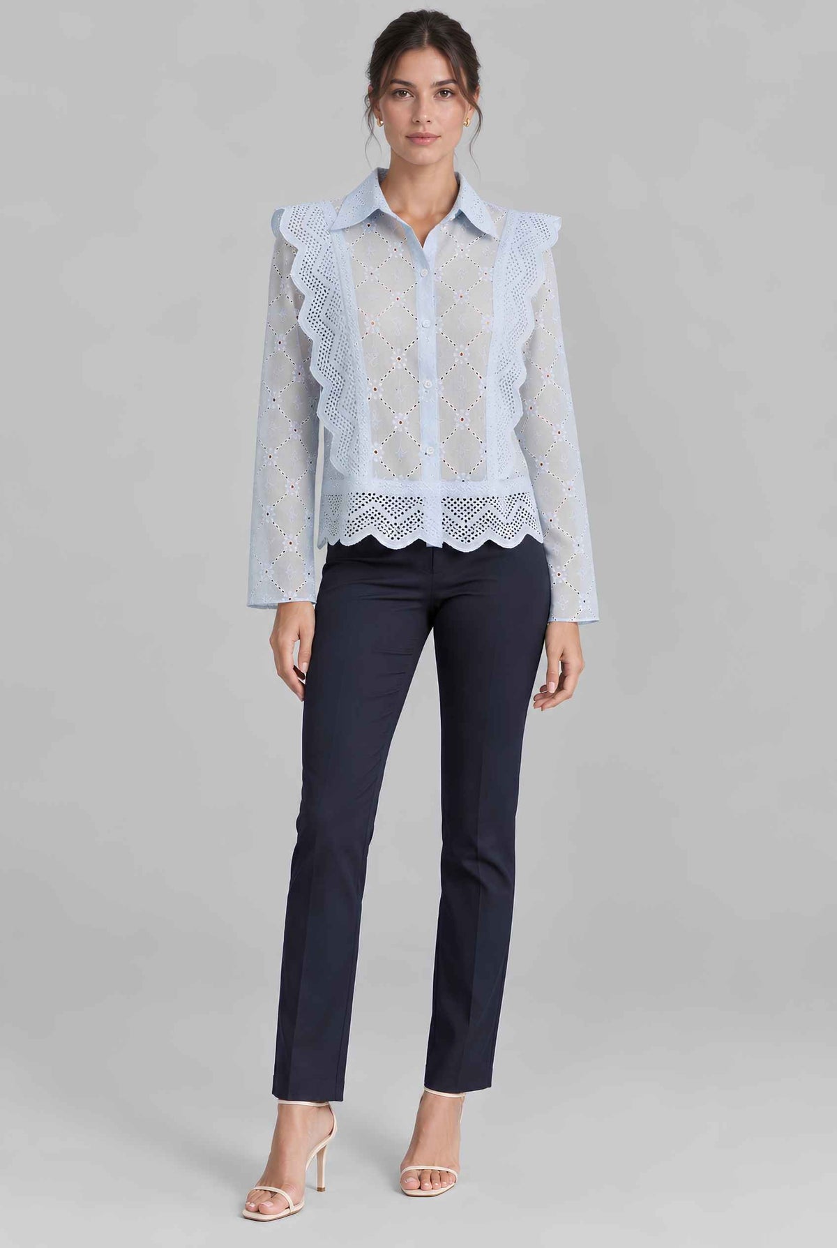 Virtual model wearing The Lucia Eyelet Lace Blouse Eyelet Lace Button-Up Blouse in Light Blue