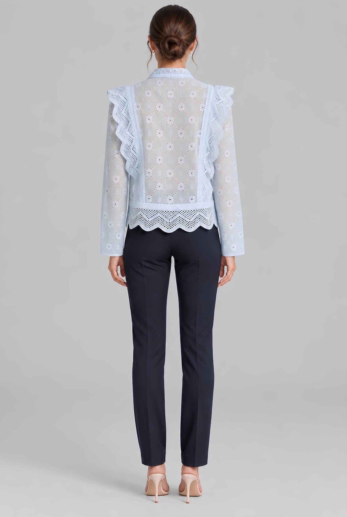 Virtual model wearing The Lucia Eyelet Lace Blouse Eyelet Lace Button-Up Blouse in Light Blue