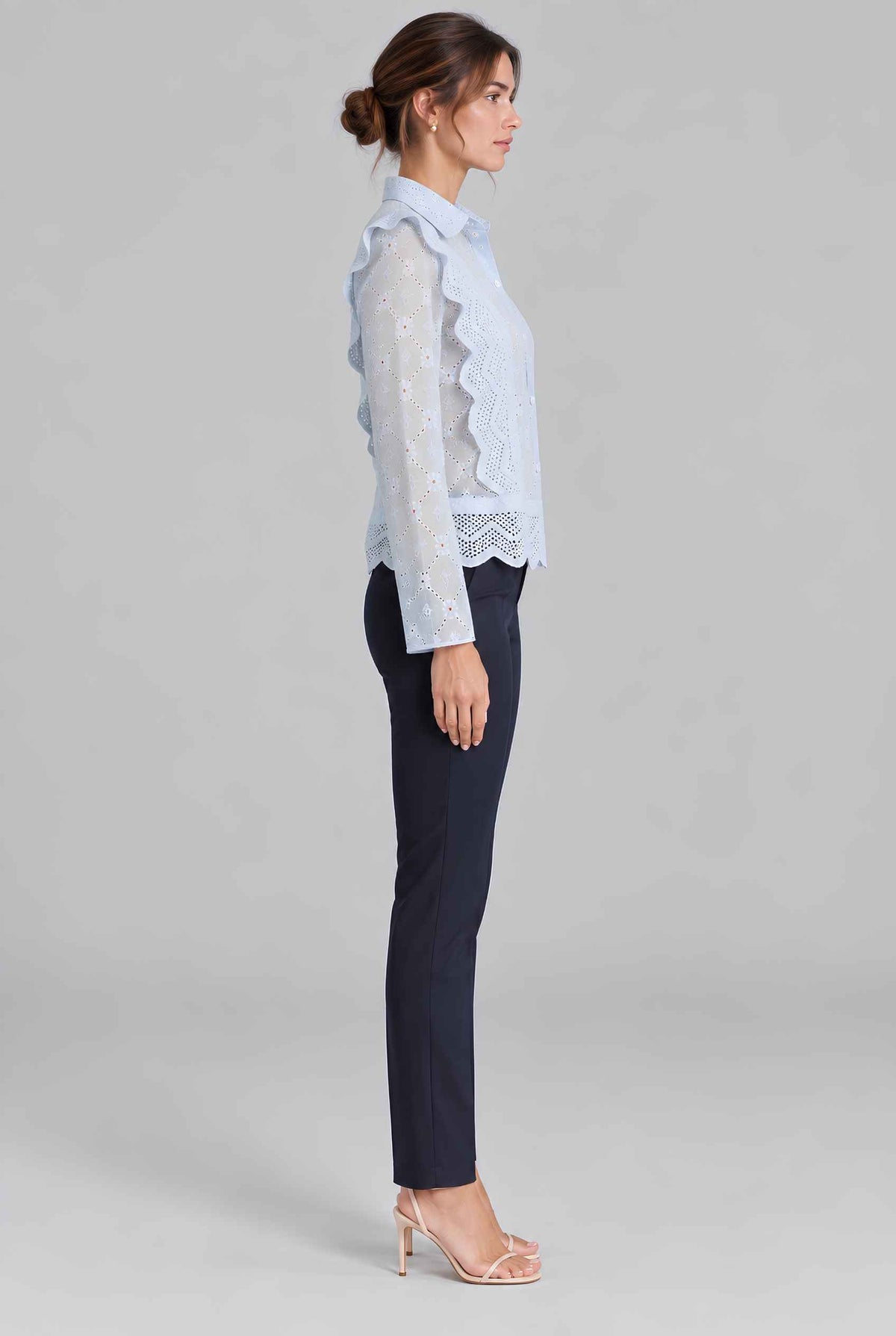 Virtual model wearing The Lucia Eyelet Lace Blouse Eyelet Lace Button-Up Blouse in Light Blue