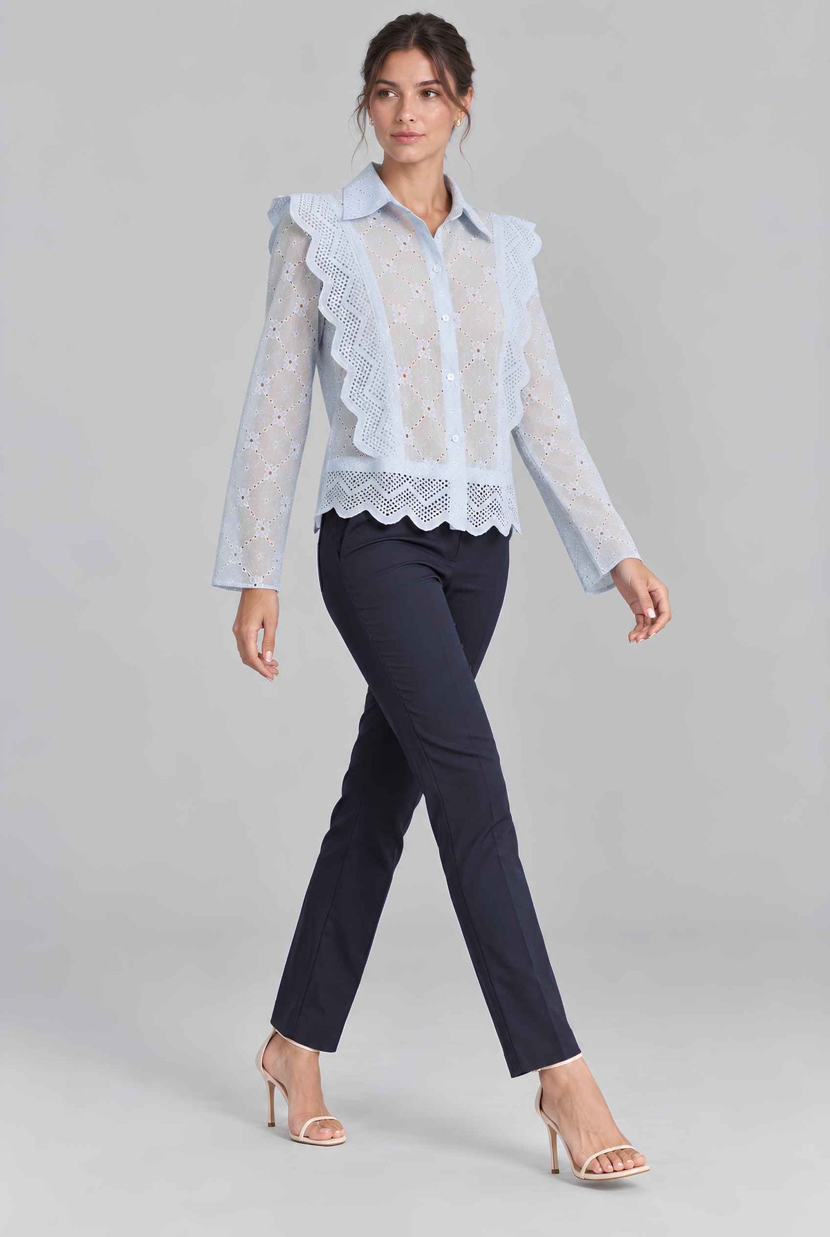 Virtual model wearing The Lucia Eyelet Lace Blouse Eyelet Lace Button-Up Blouse in Light Blue