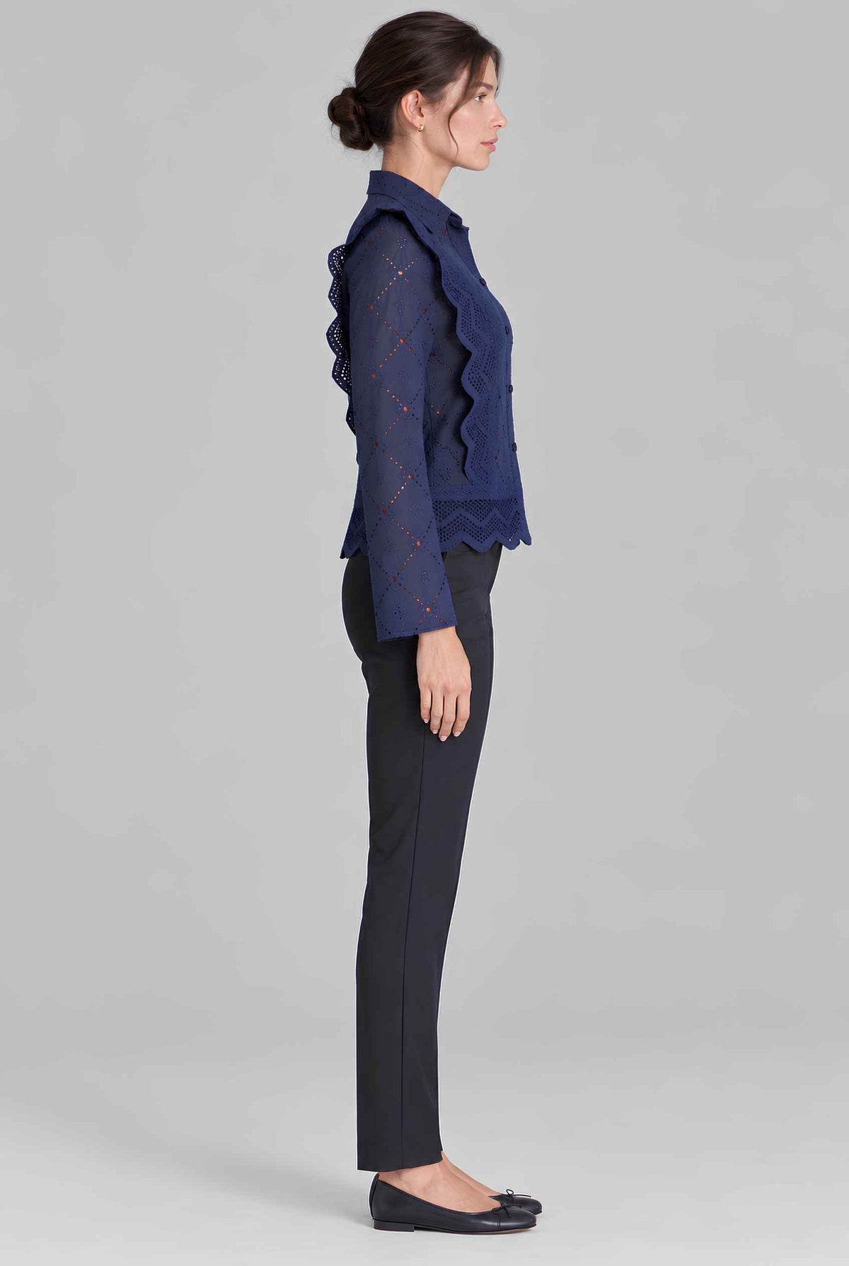 Virtual model wearing The Lucia Eyelet Lace Blouse Eyelet Lace Button-Up Blouse in Navy