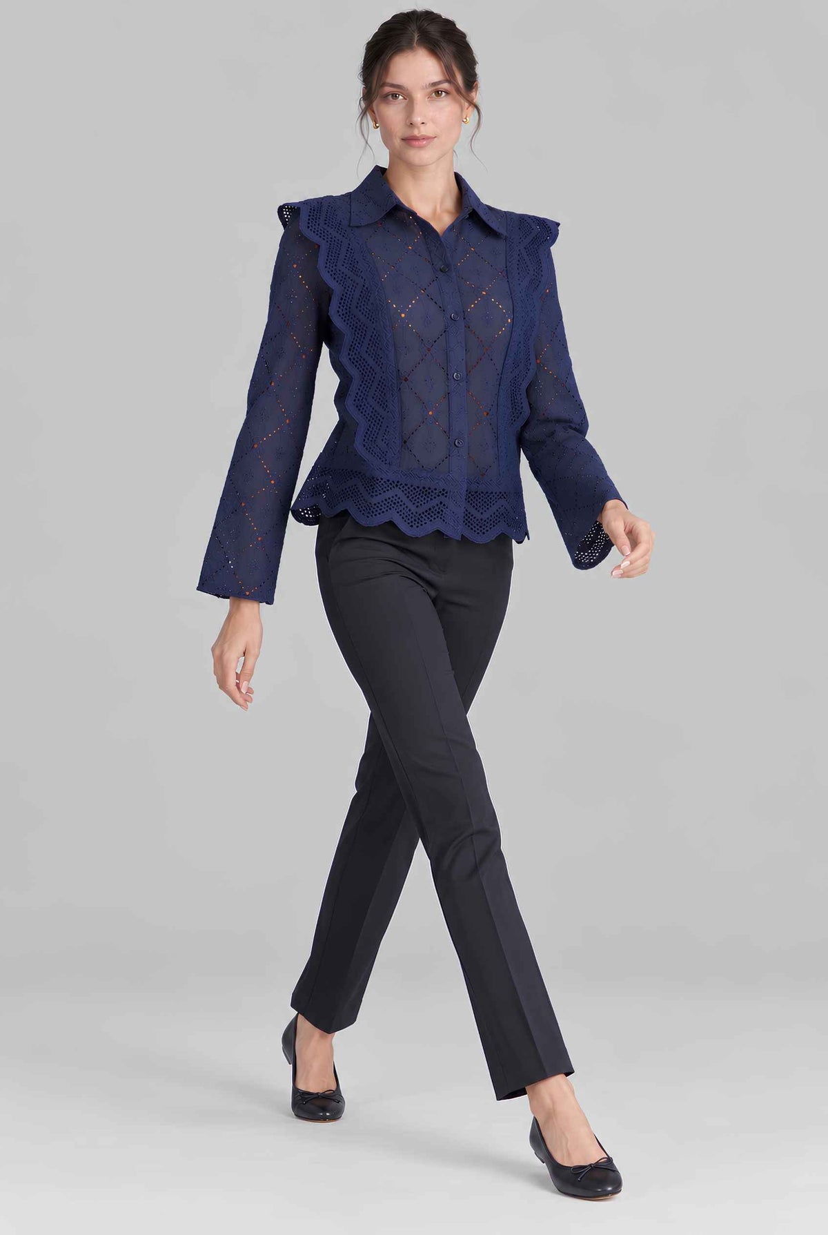Virtual model wearing The Lucia Eyelet Lace Blouse Eyelet Lace Button-Up Blouse in Navy