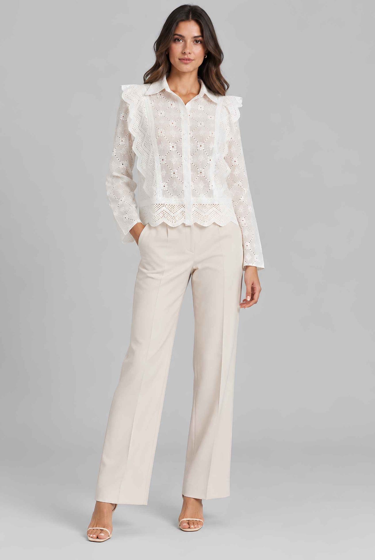Virtual model wearing The Lucia Eyelet Lace Blouse Eyelet Lace Button-Up Blouse in White