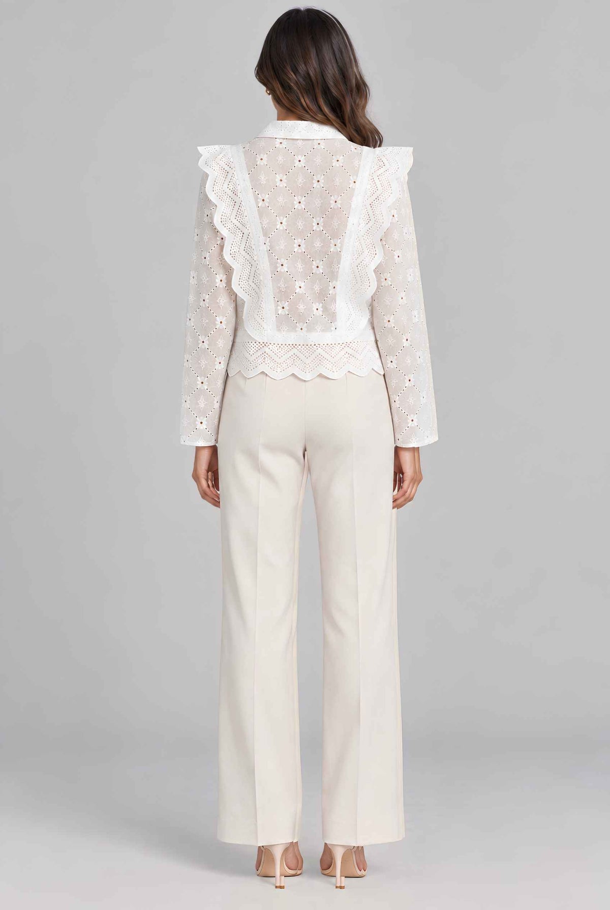 Virtual model wearing The Lucia Eyelet Lace Blouse Eyelet Lace Button-Up Blouse in White