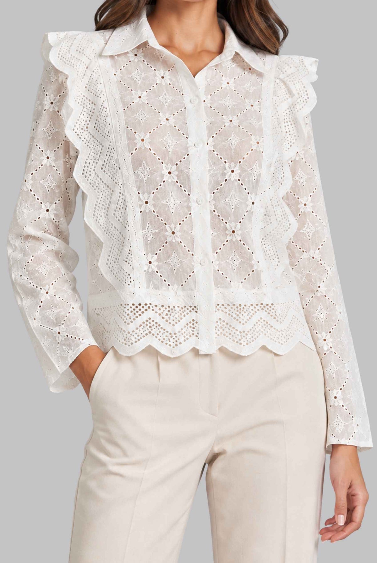 Virtual model wearing The Lucia Eyelet Lace Blouse Eyelet Lace Button-Up Blouse in White