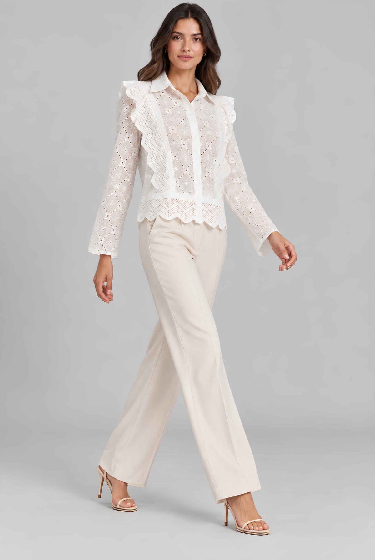 Virtual model wearing The Lucia Eyelet Lace Blouse Eyelet Lace Button-Up Blouse in White