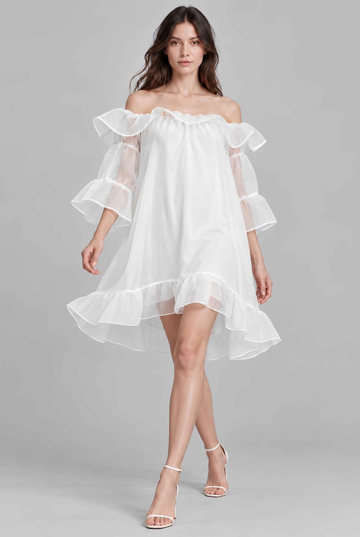 Virtual model wearing The Lucienne Off-Shoulder Dress White Organza Ruffled Mini Shift Dress