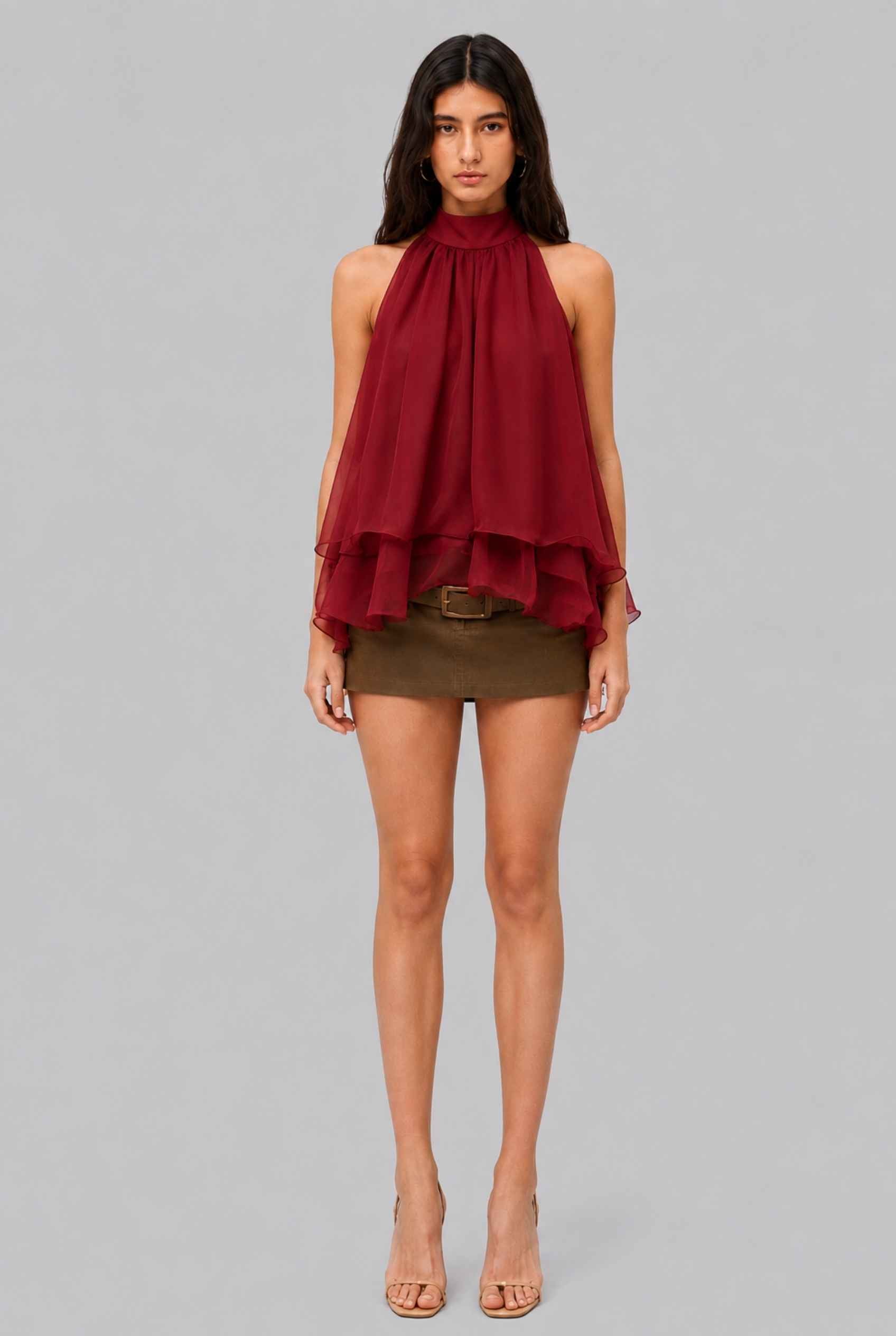 Virtual Model wearing The Lyra Chiffon Bow Blouse Cascading Halter-Neck Chiffon Red Tie Blouse