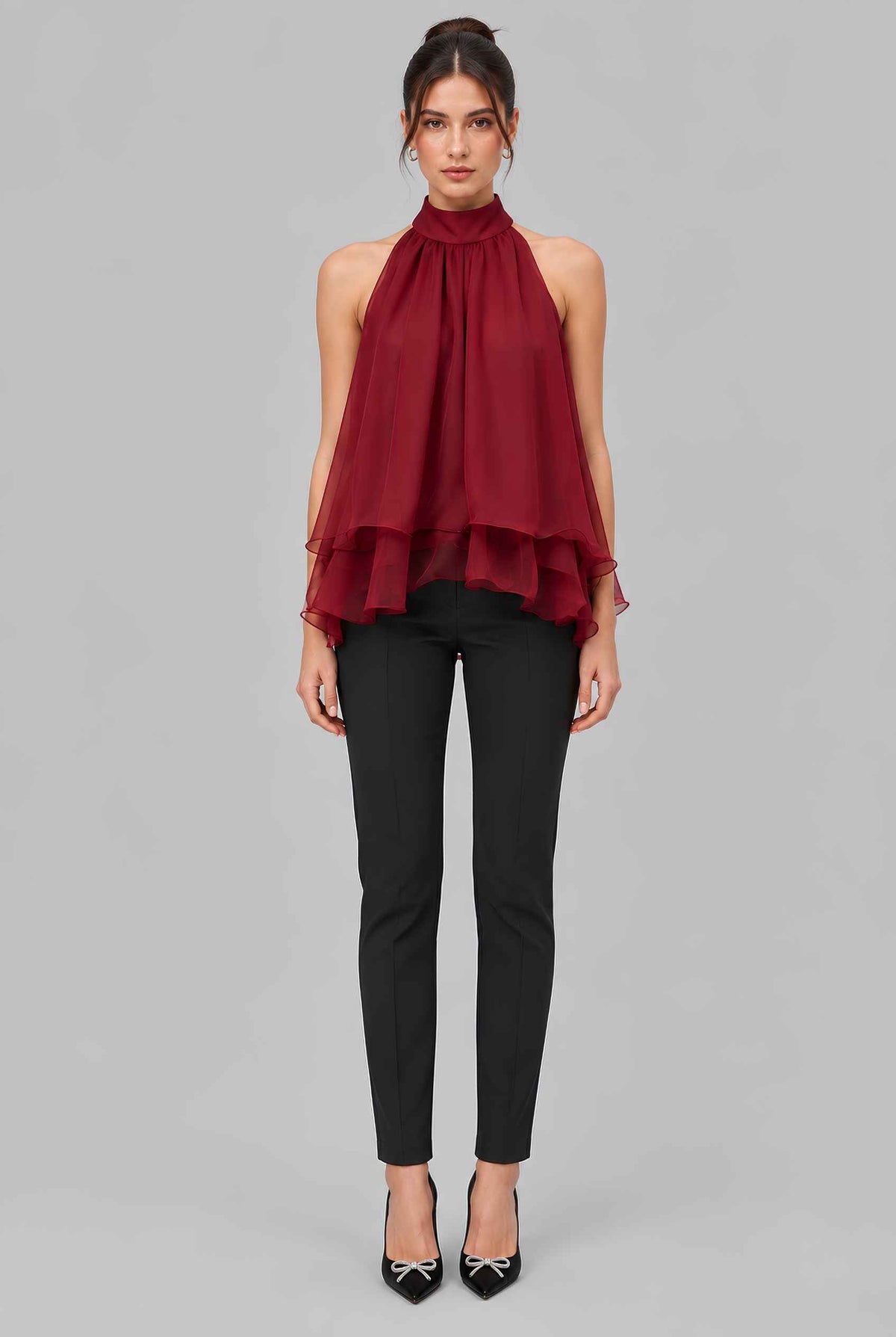 Virtual model wearing The Lyra Chiffon Bow Blouse Cascading Halter-Neck Chiffon Tie Blouse in Red