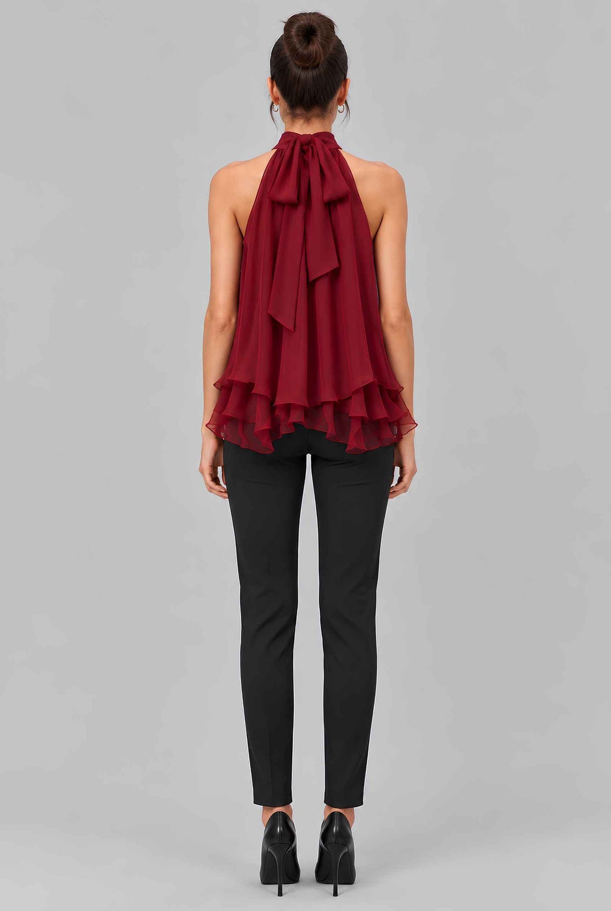 Virtual model wearing The Lyra Chiffon Bow Blouse Cascading Halter-Neck Chiffon Tie Blouse in Red