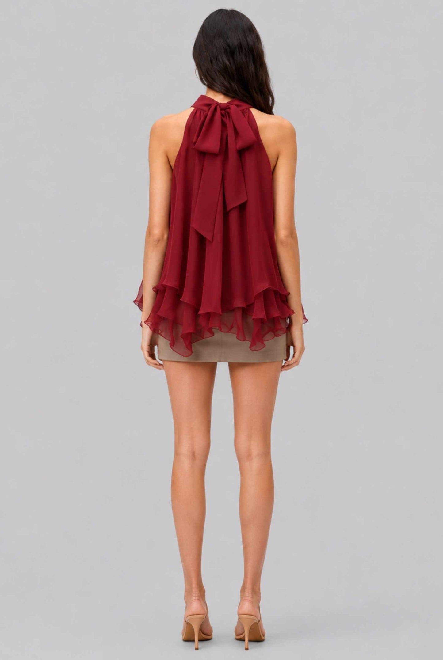 Virtual Model wearing The Lyra Chiffon Bow Blouse Cascading Halter-Neck Chiffon Red Tie Blouse