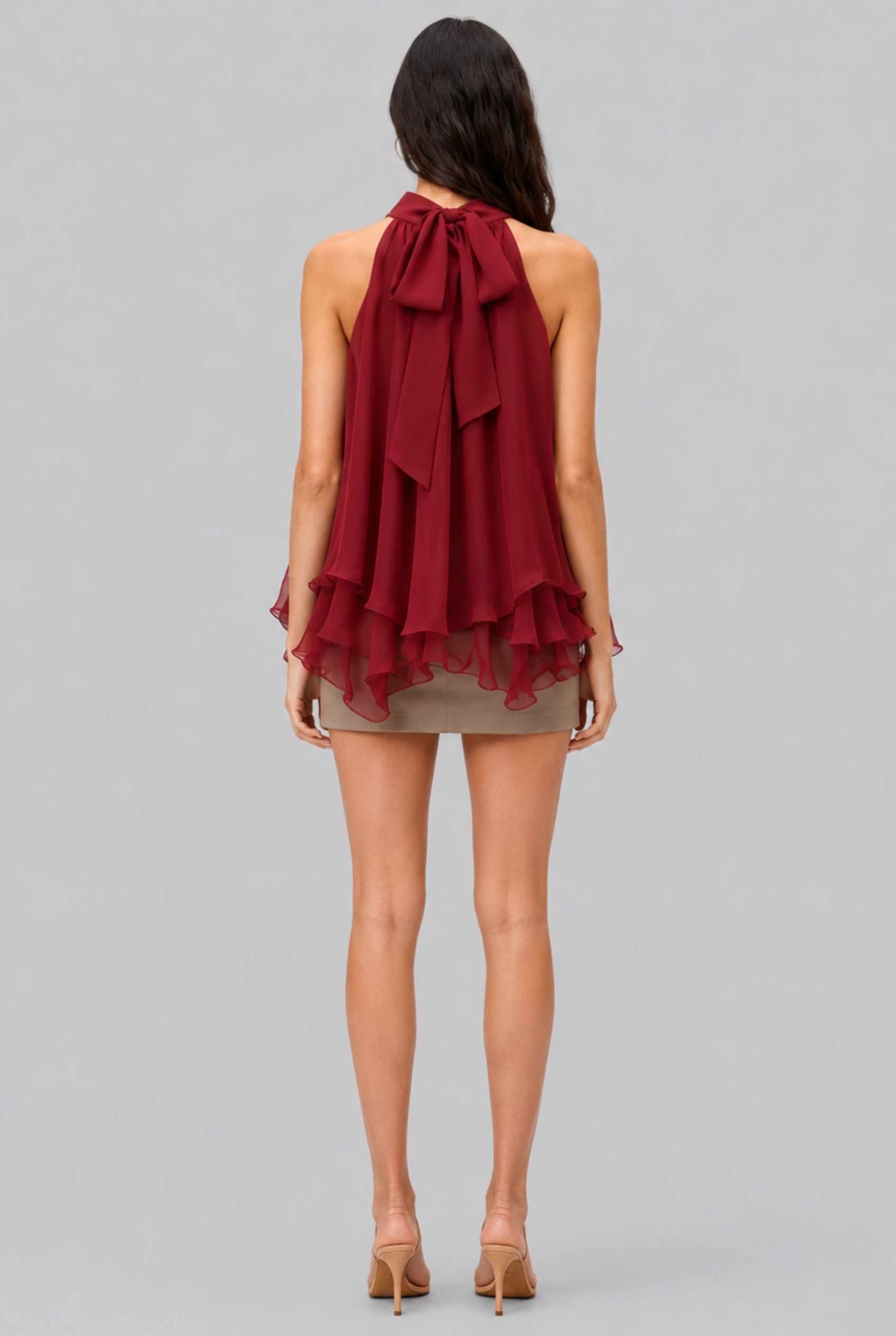Virtual Model wearing The Lyra Chiffon Bow Blouse Cascading Halter-Neck Chiffon Red Tie Blouse