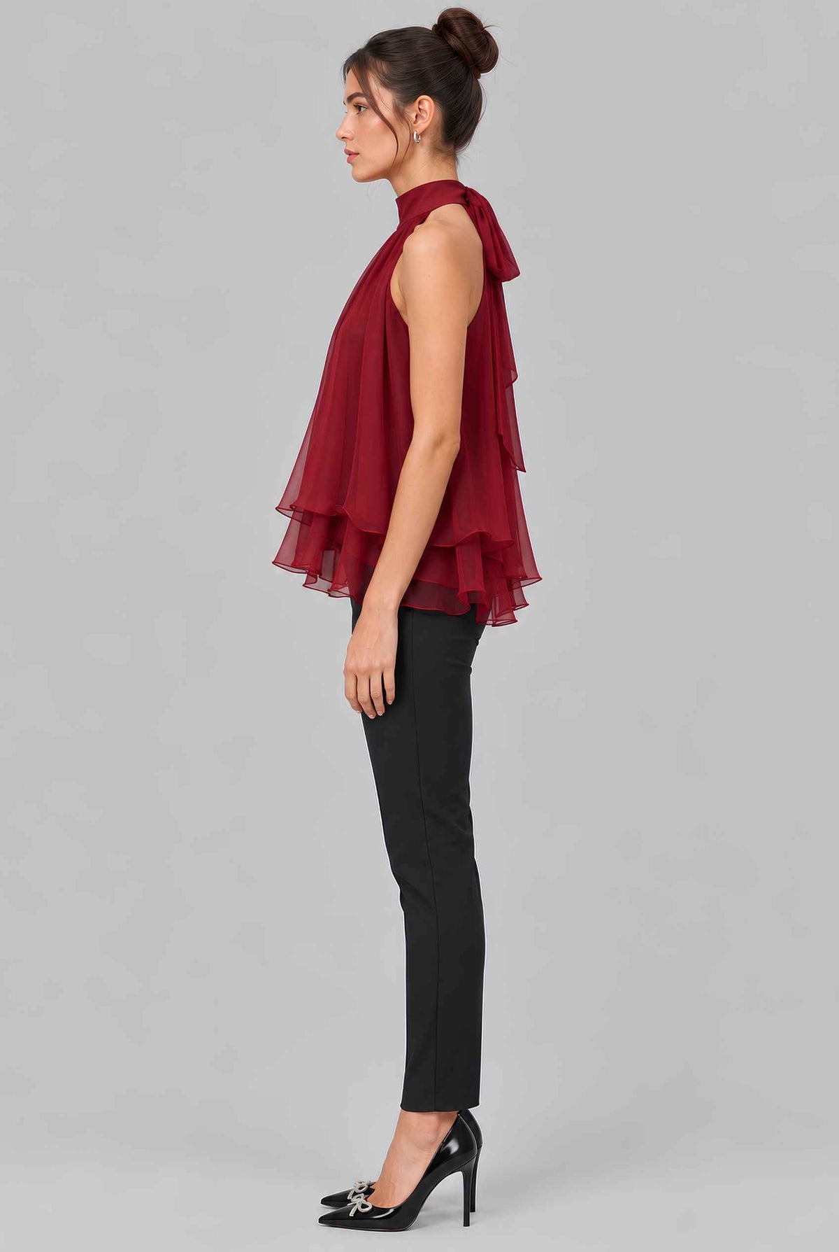 Virtual model wearing The Lyra Chiffon Bow Blouse Cascading Halter-Neck Chiffon Tie Blouse in Red
