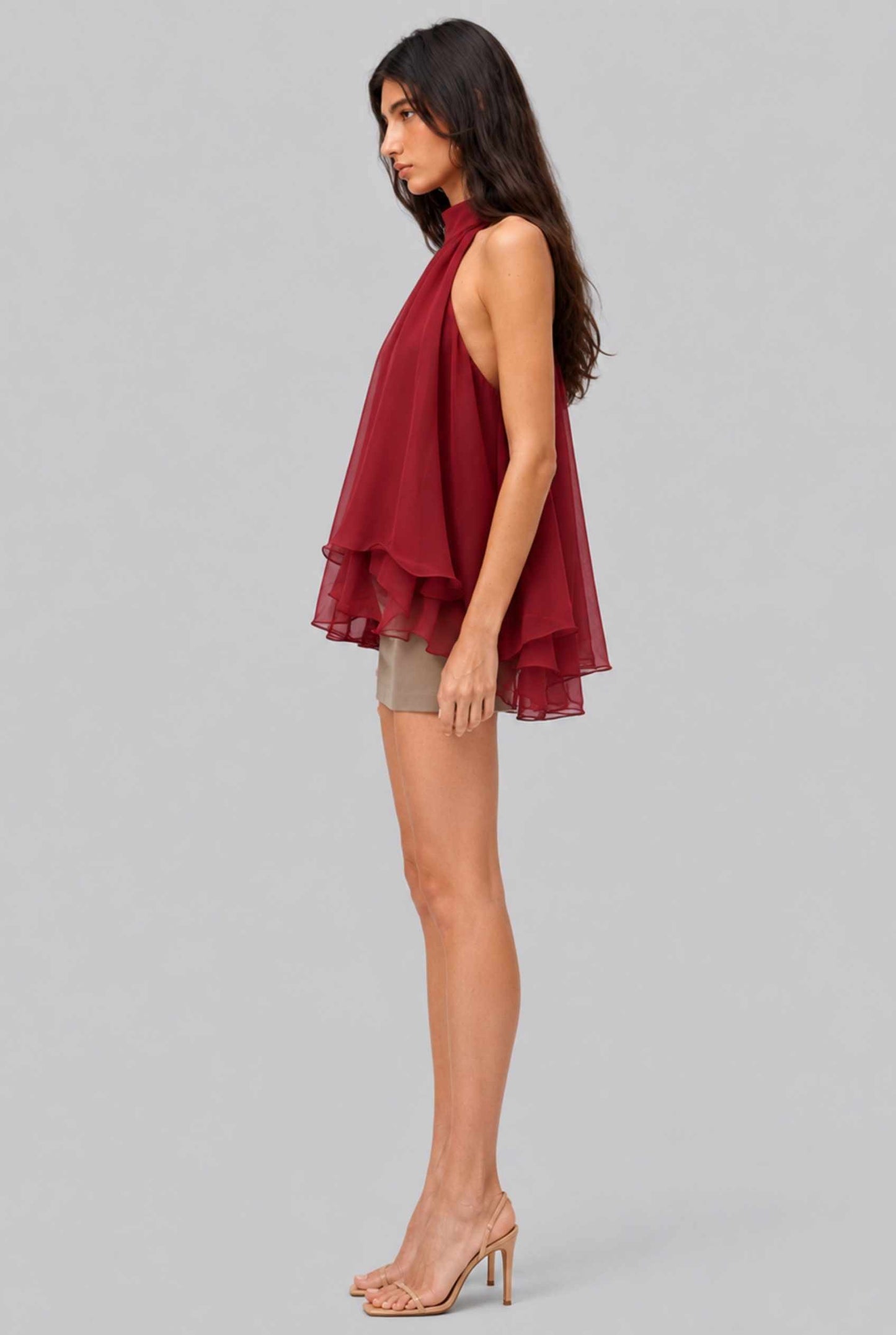 Virtual Model wearing The Lyra Chiffon Bow Blouse Cascading Halter-Neck Chiffon Red Tie Blouse