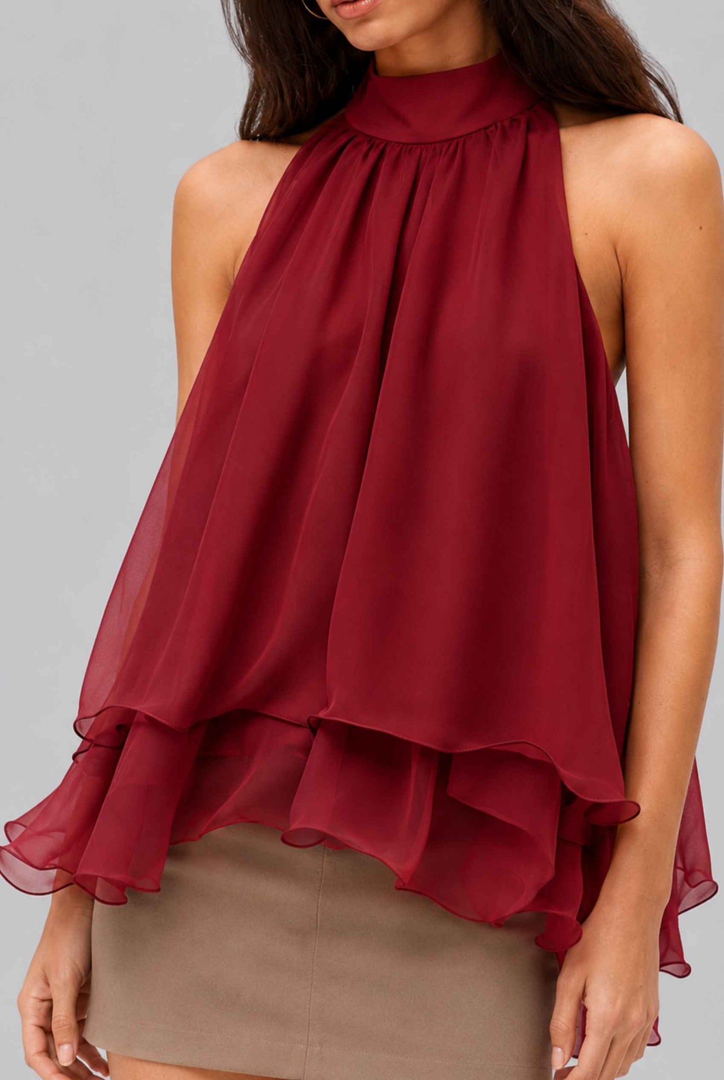Virtual Model wearing The Lyra Chiffon Bow Blouse Cascading Halter-Neck Chiffon Red Tie Blouse