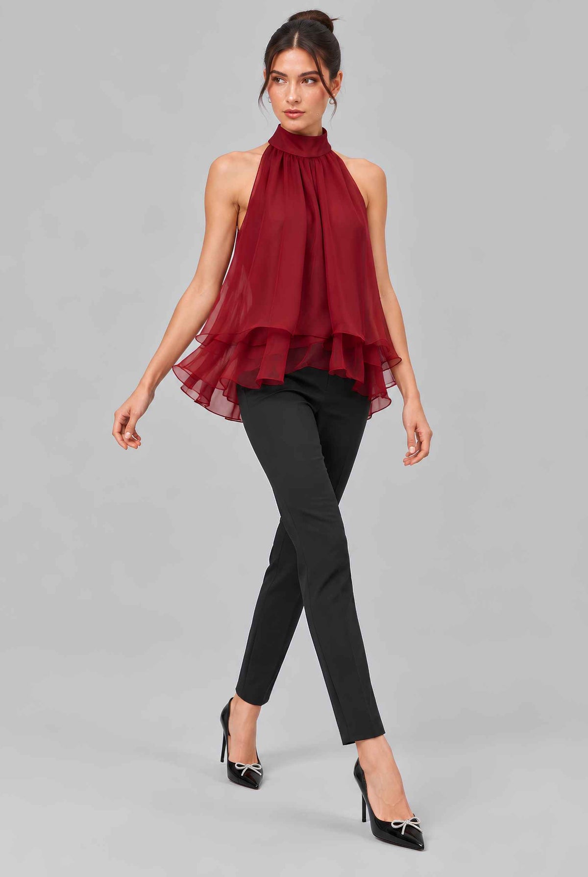 Virtual model wearing The Lyra Chiffon Bow Blouse Cascading Halter-Neck Chiffon Tie Blouse in Red