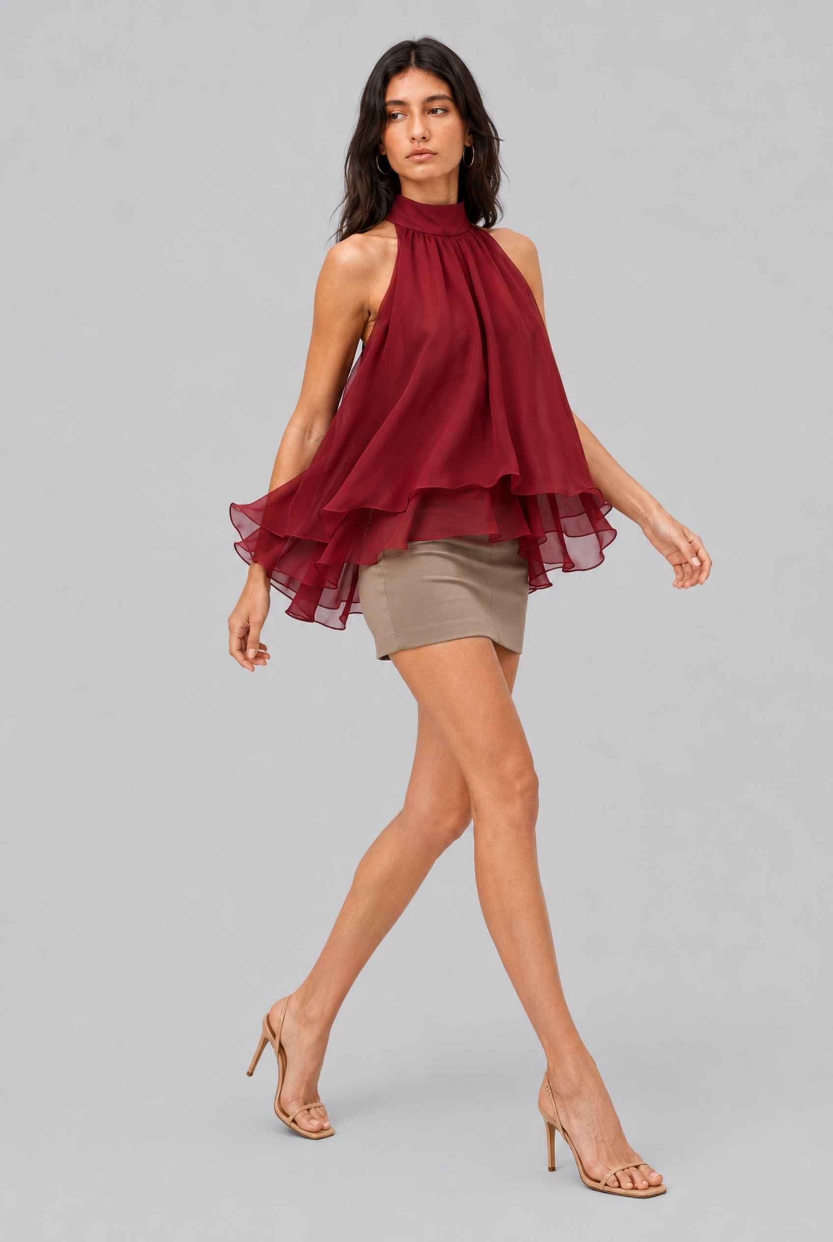 Virtual Model wearing The Lyra Chiffon Bow Blouse Cascading Halter-Neck Chiffon Red Tie Blouse