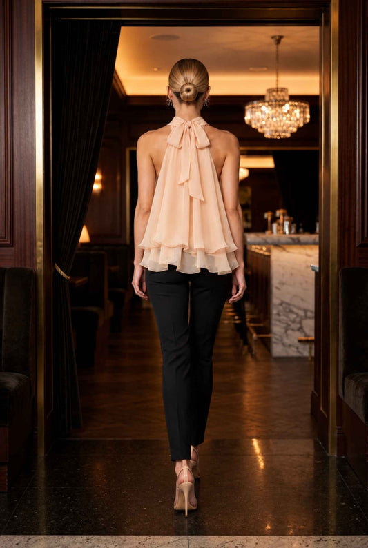 Virtual model wearing The Lyra Chiffon Bow Blouse Cascading Halter-Neck Chiffon Tie Blouse in Yellow